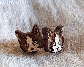 Cat Lady Earrings | Wooden Studs with Laser Engraved Cat Faces | Cat Gifts for Women | Crazy Cat Lady Gift | Cat Mom Gifts | Cat Lover Gifts
