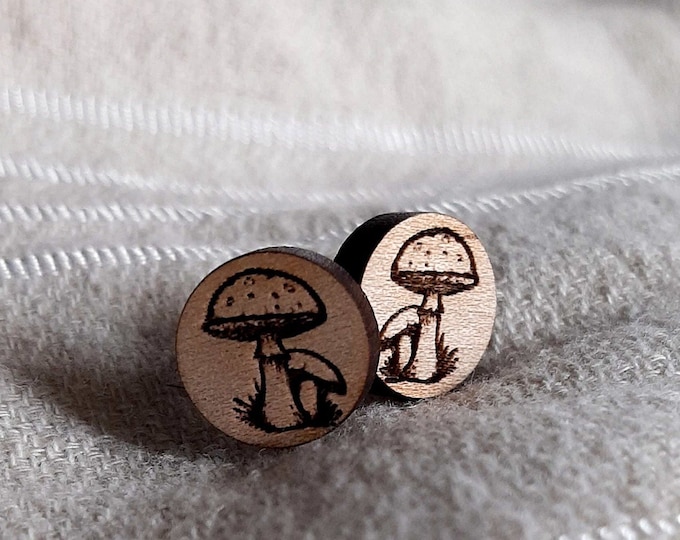Mushroom earrings for autumn - Fall forest jewelry - Wooden mushrooms studs - Fall Gift for women - Natural Wood - Gift for her