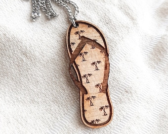 Summer Vacation Flip Flop Necklace | Beach Jewelry | Tropical Palm Tree Pendant | Gift for Travelers | Wooden Necklace | Beach Lover Gift