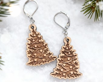 Christmas Tree Earrings, Laser Cut Maple Wood Holiday Jewelry for Women, Rustic Dangle Earrings, Eco Friendly Xmas Gift