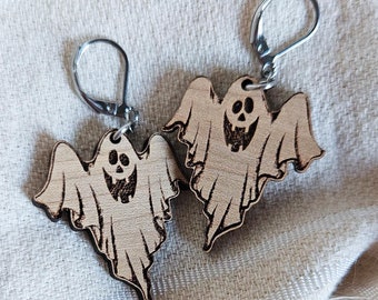 Wooden Ghost Earrings with Stainless Steel Clasps | Halloween Earrings for Fall | Thoughtful Gift for Spooky Season Enthusiasts | Jewelry