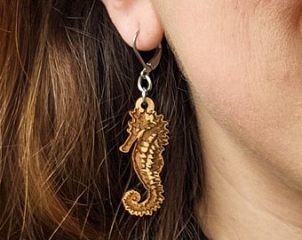 Seahorse Wood Earrings : Nautical and Beach Jewelry for Sea Life and Ocean Lovers | Seahorse gifts for her | Engraved earrings for the beach