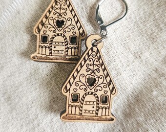 Christmas Gingerbread House Earrings – Handcrafted Cherry Wood Holiday Earrings with Leverback Hooks, Xmas Gift, Festive Jewelry