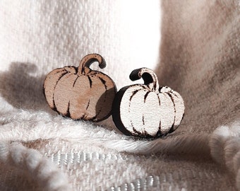 Pumpkin earrings for autumn - Halloween jewelry - Wooden pumpkin studs - Fall Gift for women - Natural Wood small pumpkin - Gift for her