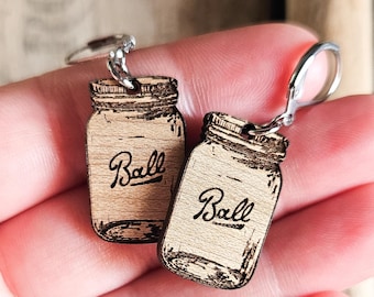 Wooden Mason jar earrings | Rustic farmhouse jewelry | Unique country chic gift for her