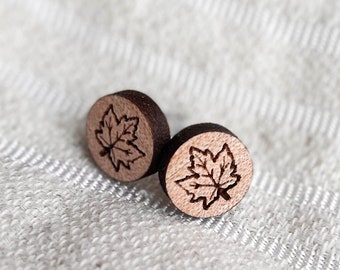 Maple Leaf Stud Earrings | Canadian Gifts for Women | Sugar Shack Jewelry | Maple Leaf Jewelry | Quebec Souvenirs | Small Wooden Earrings