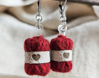 Ruby Red Handcrafted Wool Yarn Ball Earrings | Unique Christmas Gift for Knitters and Crocheters | Knitting Presents | Festive Knit Earrings