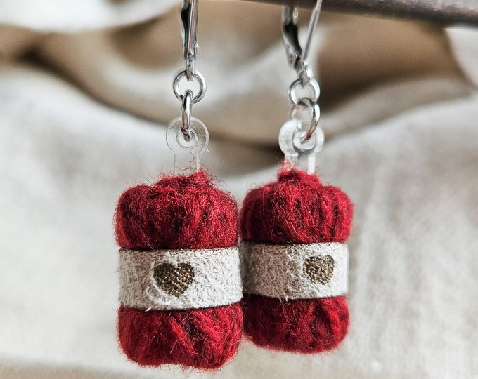 Ruby Red Handcrafted Wool Yarn Ball Earrings | Unique Christmas Gift for Knitters and Crocheters | Knitting Presents | Festive Knit Earrings