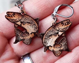 Wooden Trout Fishing Earrings | Fly Fishing Jewelry for Women | Trout Fish Gifts for Her | Unique Fishing Accessories | Gift for Anglers