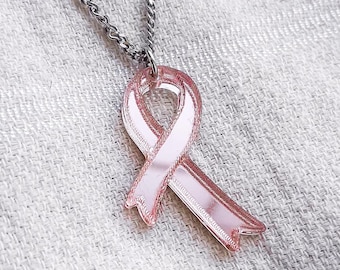 Pink ribbon necklace pendant in mirror acrylic – breast cancer awareness jewelry handmade in Quebec with stainless steel hypoallergenic ring