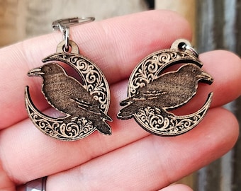 Wooden raven moon earrings | Gothic chic or wiccan jewelry | Mystical gift for her
