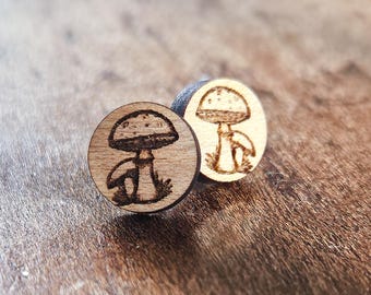 Mushroom Stud Earrings, Laser Engraved Wooden Jewelry, Minimalist Nature Earrings, Forest-Inspired Studs, Eco-Friendly Gift for Her