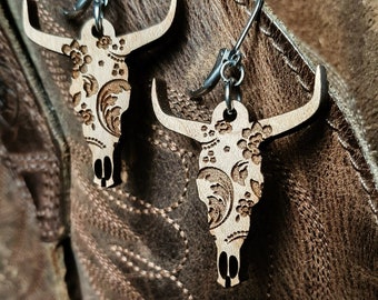Western Cow Earrings | Longhorn Skull Jewelry | Country Style Wooden Earrings | Perfect Gift for Cowgirls and Country Lovers