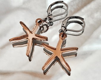 Pink Mirror Starfish Earrings | Rose Gold Beach Summer Nautical Jewelry | Lightweight Accessories | Unique Gift for Ocean and beachLovers