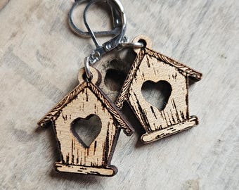 Birdhouse Earrings • Handmade Wood Jewelry with Heart Cutout • Lightweight Hypoallergenic Gift for Her • Nature-Inspired Jewelry