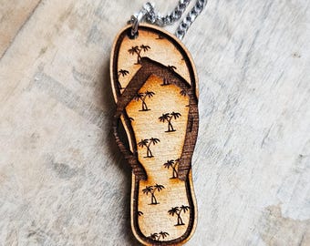 Wooden sandal pendant with palm trees | Lightweight summer necklace | Tropical beach jewelry handmade