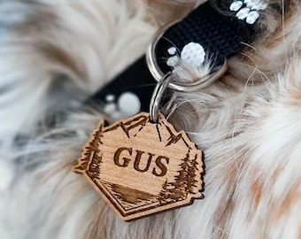 Personalized Dog name Tag with mountains, Custom Pet ID Tags for dogs, Engraved Wood Collar Tag, Hiking dog tag, Personalised wooden tag