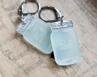 Blue Frosted Mason Jar Earrings – Vintage Ball Jar Jewelry – Lightweight Handmade Cottagecore Earrings | Farmhouse Rustic Style