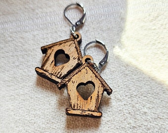 Bird House Earrings, Bird Watcher gift ideas,  Bird lover gifts for women, Gift for birder, Bird earrings dangle, Bird jewelry for her