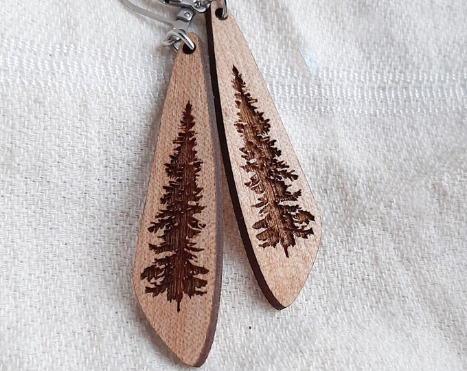 Pine Tree Earrings, Nature inspired gift for women, Forest lover gift for her, Wooden dangle Pine tree earrings, Nature lover gift for mom