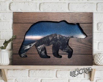 Bear wooden decoration with mountain landscape and starry sky - Wooden Bear wall decor - Bear gifts for men and nature lover