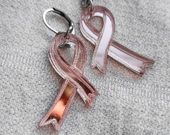 Breast Cancer Awareness Pink Ribbon Earrings | Mirror Acrylic Jewelry | Supportive Gifts for Her | Pink Ribbon Jewelry | Breast Cancer Gift