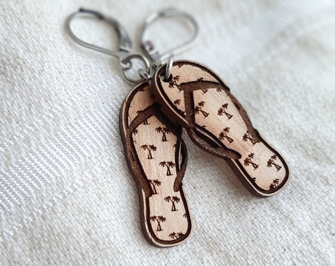 Wooden Beach Earrings, Flip flop earrings for women, Tropical jewelry perfect for summer, Beach theme gifts for her, Summer jewelry