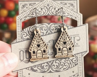 Handmade Gingerbread House Earrings, Maple Wood Holiday Earrings for Women, Festive Christmas Jewelry for Everyday Wear