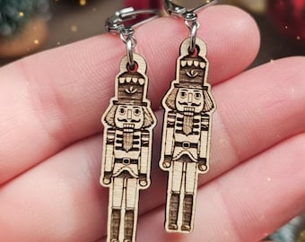 Nutcracker Earrings in Maple Wood, Handmade Wooden Christmas Jewelry, Festive Lightweight Holiday Earrings Made in Canada