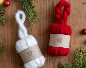 Handmade Wool Yarn Ornament, Red and White Merino Ball Decor for Knitters, Cozy Christmas Tree or Gift Set