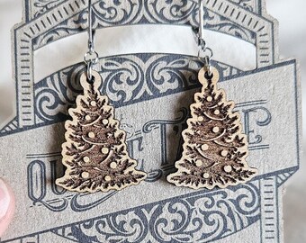 Christmas Tree Earrings | Laser-Cut Cherry Wood Holiday Jewelry | Xmas Dangle Earrings with Leverback Hooks, Festive Gift Idea