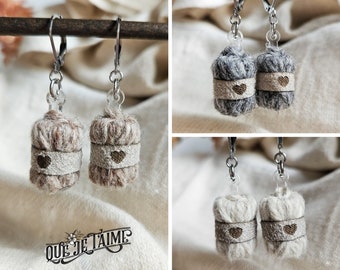 Beige, Gray, White Wool Yarn Earrings | Knitting Gifts for Knitters and Crocheters | Neutral Color Yarn Ball Earrings | Crochet Lover Gifts