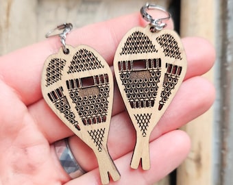 Wooden Snowshoe Earrings Handmade in Quebec – lightweight artisan winter jewelry hypoallergenic rustic outdoors gift