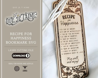 Recipe for Happiness bookmark SVG for laser cutting, elegant wood MDF or acrylic design, a heartfelt Christmas gift for book lovers