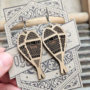 Snowshoe Earrings Handmade in Canada • Rustic Winter Jewelry • Sugar Shack Gift • Wood & Leather Quebec Souvenir