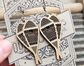 Snowshoe Earrings Handmade in Canada • Rustic Winter Jewelry • Sugar Shack Gift • Wood & Leather Quebec Souvenir