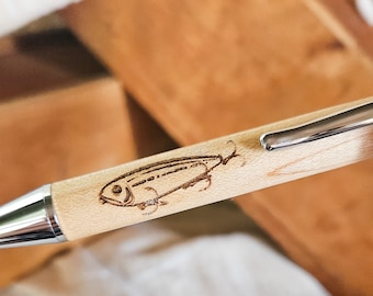 Maple Wood Pen for Fishermen - Unique Fishing Gift - Engraved Lure Design - Refillable Fishing Pen | Christmas Gift for Fisherman