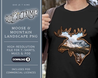 Moose Mountain Landscape PNG design for t-shirts mugs and POD – rustic wildlife silhouette high resolution with commercial license