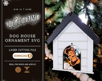 Dog house ornament SVG file customizable laser cut design for Christmas wood MDF mirror acrylic bone pet decoration