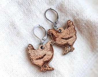 Wooden Chicken Dangle Earrings | Gifts for Chicken Lovers | Farm Jewelry for Women | Homestead and Crazy Chicken Lady Gift | Hen Coop Owner