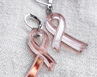 Pink Ribbon Earrings, Breast Cancer Awareness Jewelry, Mirror Acrylic Survivor Gift for Her, Support Earrings for Cancer Warriors