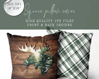 Decorative Pillow Design – Winter Moose Silhouette with Snowy Trees | Forest Plaid Back | Sublimation File for 18x18 Pillow Cover
