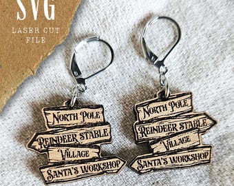 North Pole Sign Earrings SVG | Christmas Earrings Cut File with 4 Signposts | Laser Cut Earrings Design | Santa’s Workshop SVG for Jewelry