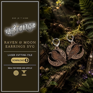 May include: A digital file listing for laser-cut earrings featuring a raven perched on a crescent moon with intricate filigree patterns. The text reads QUE JE T'AIME, RAVEN & MOON EARRINGS SVG, LASER CUTTING FILE, and DOWNLOAD with icons.