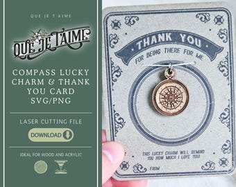 Compass Lucky Charm & Vintage Thank You Card SVG/PNG – Laser Cut Template for Wood or Acrylic, Teacher Appreciation Gift Tag