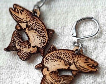 Wooden Trout Fishing Earrings | Fly Fishing Jewelry for Women | Trout Fish Gifts for Her | Unique Fishing Accessories | Gift for Anglers