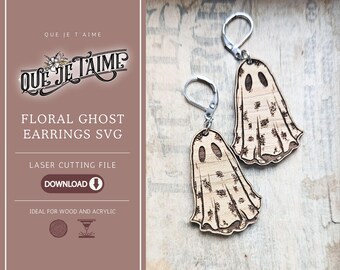 Floral ghost earrings SVG laser cut file for Halloween jewelry | Lightweight wood design Glowforge xTool compatible