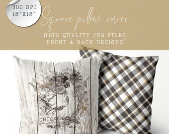 Decorative Pillow Design – Chicken Farmhouse Style with Plaid | Sublimation File for Farm-Themed Pillow | Rustic Farmhouse Home Decor Gift