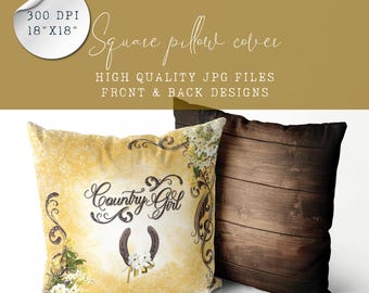 Decorative Pillow Design – Country Girl with Horseshoe & Rustic Wood | Western-Themed Gift | 18x18" Pillow Cover Sublimation File