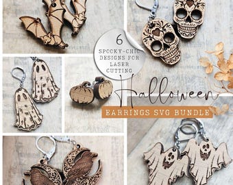 Halloween Earrings SVG Bundle – 6 spooky-chic laser cut designs: bats, ghosts, pumpkins, sugar skulls, ravens